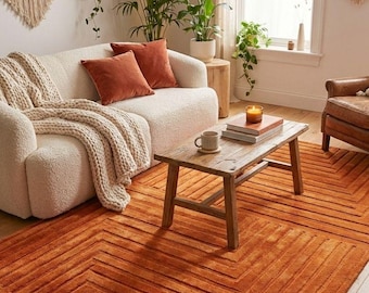Alfombra naranja tejida a mano para sala de estar, moderna, abstracta, de pelo alto y bajo, de 8 x 10 pulgadas, para dormitorio, alfombra grande de lana para comedor.