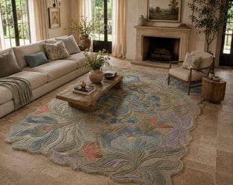 Tapis floral en laine tufté à la main, tapis bleu à motifs botaniques, décoration intérieure scandinave bohème