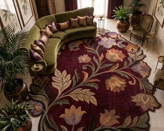 Tapis en laine à motif floral bordeaux | Tapis d'inspiration botanique vintage | Décoration de salon
