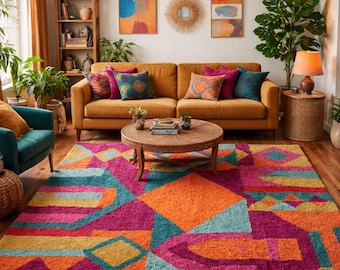 Boho Geometric Shag Rug – Teal, Pink & Orange Handmade Carpet