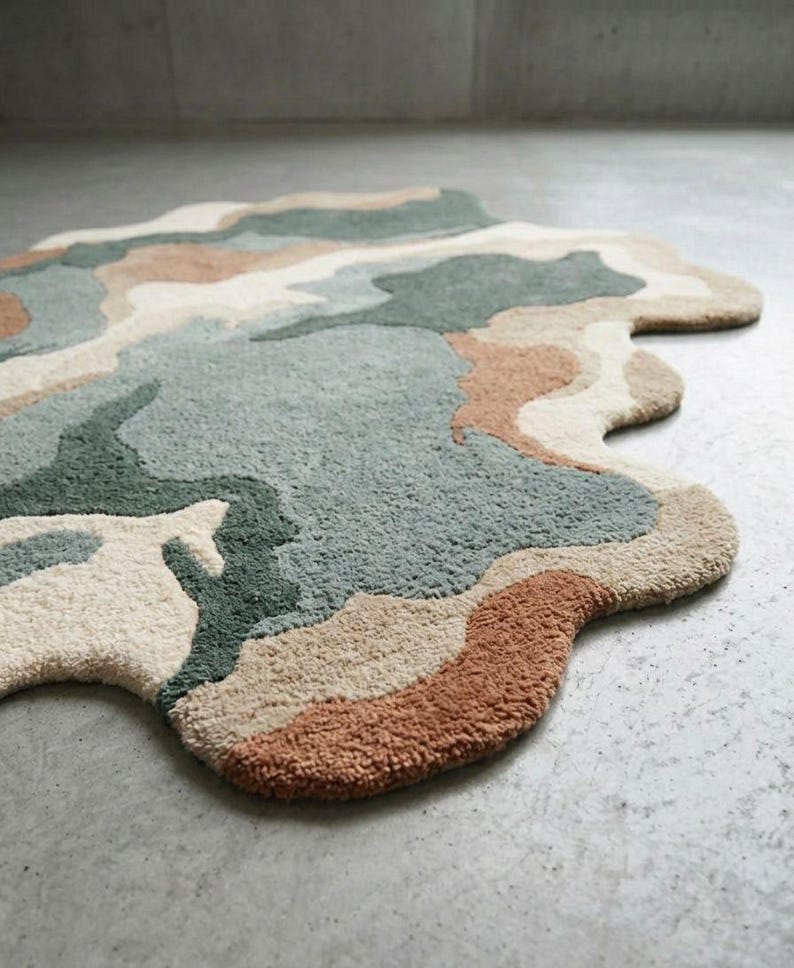 May include: An area rug with an irregular, organic shape featuring a tufted texture. The design consists of abstract, flowing patches of color in muted sage green, dark forest green, warm terracotta, cream, and beige tones across the surface.