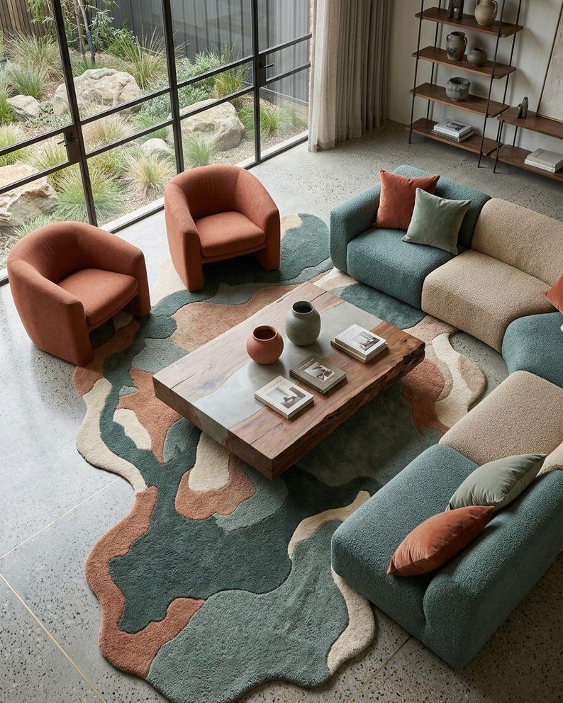 May include: A living room set featuring two burnt orange armchairs, a modular sofa in teal and beige, and a rectangular wooden coffee table with a resin inlay. An irregular, multi-colored area rug in teal, orange, and cream sits underneath.