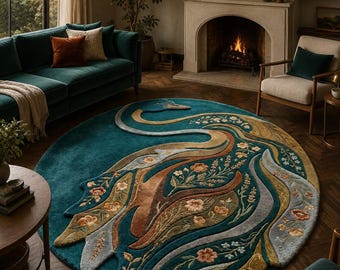 Peacock Teal Swan Rug, Hand Tufted Floral Area Rug, Luxury Statement Rug, Boho Art Decor