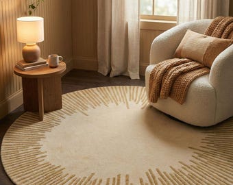 Luxury Round Beige Sunburst Rug – Modern Neutral Area Rug, Large Minimalist Gold Accent Rug for Living Room, Bedroom & Lounge