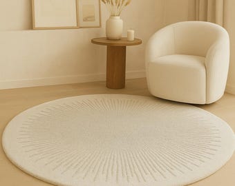Handmade Round Textured Rug – Off-White Sunburst Design