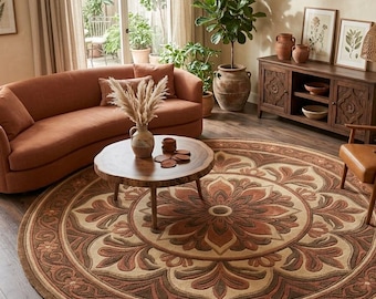 Tapis rond en laine tufté à la main, motif floral médaillon, style bohème champêtre beige et marron terracotta