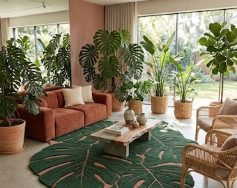 Tapis fait main en feuilles de Monstera, tapis tufté botanique tropical, décoration inspirée par la nature