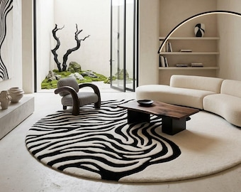 Tapis rond zèbre abstrait | Tapis scandinave tufté à la main, décoration de salon