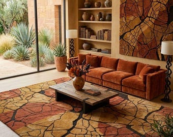 Hand-Tufted Abstract Geometric Rug, Terracotta Brown Gold Black, Modern Organic Art (Living Room Decor)