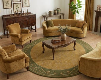 Round Hand Tufted Rug, Vintage Floral Area Rug, Olive Green & Gold Rug, Traditional Persian Style Rug, Elegant Living Room Decor