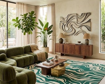 Tapis en laine tufté à la main, motif abstrait de vagues vertes et crème, tapis moderne, décoration de luxe