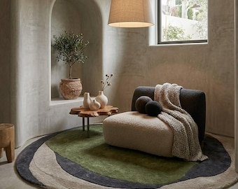 Tapis rond abstrait fait main, vert mousse touffeté, décoration de salon