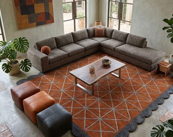 Tapis capitonné géométrique orange brûlé, tapis de salon bohème à bords festonnés