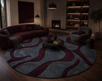 Hand Tufted Abstract Round Rug, Burgundy Charcoal Wool Carpet, Luxury Contemporary Decor