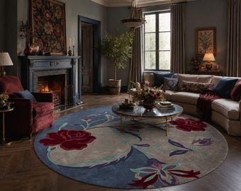 Round Floral Area Rug, Burgundy Rose, Blue Vintage, Hand Tufted Wool, Boho Decor