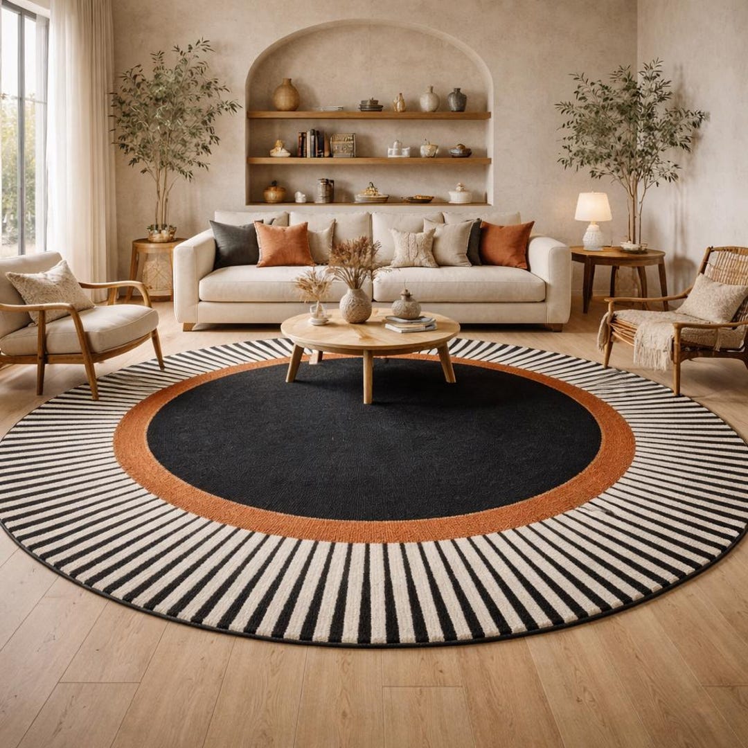 Rust Round Rug Hand-tufted Round Area Rug – Modern Black, Rust & Striped Design - Etsy