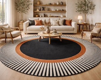 Hand-Tufted Round Area Rug – Modern Black, Rust & Striped Design