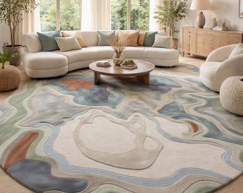 Round Abstract Area Rug – Modern Pastel Hand Tufted Rug, Soft Earth Tone Circular Carpet for Living Room, Bedroom & Cozy Home Decor