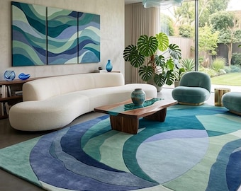 Tapis en laine tufté à la main, motif abstrait bleu-vert, turquoise et marine, décoration intérieure moderne