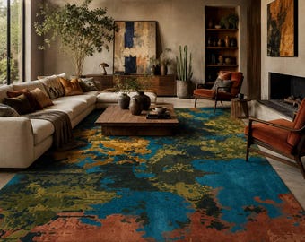 Hand Tufted Abstract Area Rug, Multicolor Contemporary Rug, Blue Olive Green & Terracotta Statement Rug, Modern Boho Living Room Decor