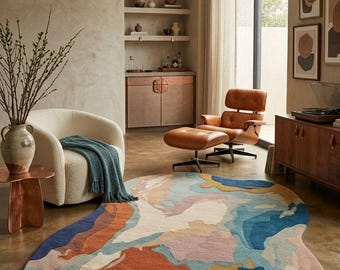 Abstract Irregular Area Rug, Hand Tufted Wool Rug, Modern Organic Shaped Rug, Colorful Contemporary Rug, Artistic Statement Rug, Boho Rug