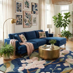Hand Tufted Floral Area Rug, Modern Botanical Navy Blue Carpet - Etsy
