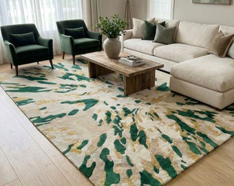 Hand Tufted Abstract Rug – Emerald Green & Gold, Modern Luxury Carpet