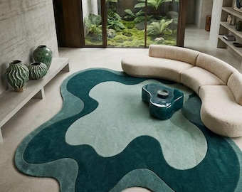 Tapis en laine organique abstrait tufté à la main, tapis vert moderne irrégulier
