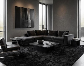 Handmade Black Minimalist Rug, Modern Luxury Carpet, Contemporary Living Room Decor