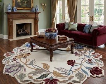 Hand Tufted Floral Area Rug, Vintage Botanical Persian Inspired, Scalloped Cottagecore Statement Rug