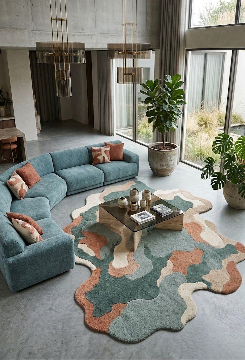 May include: An irregular, organic-shaped area rug featuring a multi-colored abstract pattern in shades of teal, terracotta, and cream. The rug is positioned on a concrete floor beneath a square glass coffee table with a light-toned wooden base.