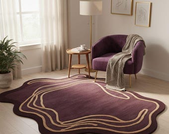 Hand Tufted Wool Rug – Plum Purple Abstract, Irregular Shape