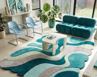 Tapis ondulé abstrait bleu sarcelle, tapis bio capitonné fait main, décoration de salon moderne