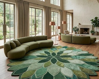 Tapis mandala lotus vert, tapis bohème rond capitonné, décoration scandinave sauge