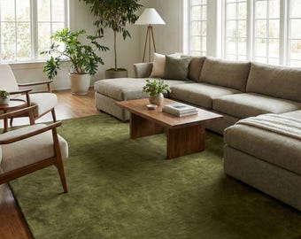 Solid Olive Green Area Rug – Handwoven Minimalist Wool Carpet, Modern Neutral Floor Rug for Living Room, Bedroom & Cozy Spaces