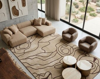 Tapis capitonné abstrait neutre, tapis moderne beige, décoration d'intérieur de style scandinave
