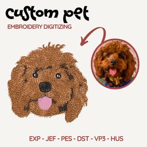 May include: An embroidered brown dog face with a pink tongue, next to a photo of a similar dog. The text "custom pet" and "EMBROIDERY DIGITIZING" are above the dog image. Below are embroidery file formats.