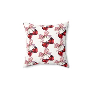 Cherry Pattern Pillow | Red Cherries with Pink Bows Throw Pillow