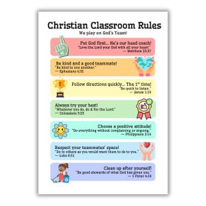 May include: A classroom rules poster with the title "Christian Classroom Rules". The poster includes rules such as "Be kind and a good teammate!" and "Choose a positive attitude!" with related Bible verses. The design incorporates colorful illustrations.