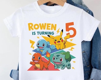 Custom Kids Birthday Shirt Anime Lightning Mouse Squirtle Charmander Tee Personalized Toddler Birthday Outfit Name Age Text Gift