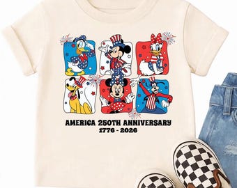 Custom America 250th Anniversary Shirt Mickey Minnie Donald Patriotic Tee USA Semiquincentennial Outfit Personalized Kids Holiday Gift