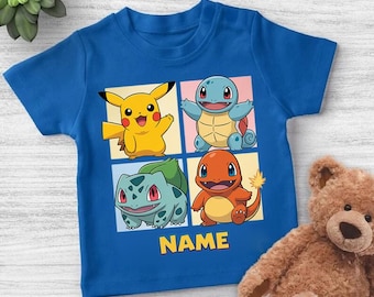 Pokémon Grid Personalized Shirt, Custom Name Pikachu Squirtle Bulbasaur Charmander Tee, Kids Pokémon Party Outfit, Gamer Boy Birthday Gift