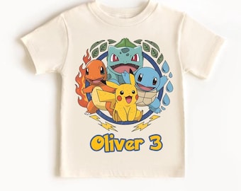 Custom Pokemon Birthday Shirt | Personalized Pikachu Oliver 3 Tee | Kids Charmander Bulbasaur Squirtle Tshirt | Boy Anime Party Gift