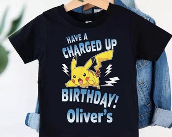 Custom Pikachu Charged Up Birthday Shirt, Personalized Oliver Birthday Boy Tee, Kids Lightning Neon Birthday Outfit,Pokemon Pikachu Clothing