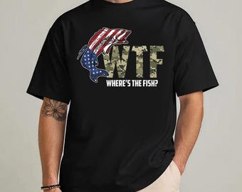 Camiseta "¿Dónde está el pez?", divertido regalo patriótico para pescadores, camiseta de pesca con bandera estadounidense, camiseta de pesca para el 4 de julio, regalo sarcástico para papá pescador