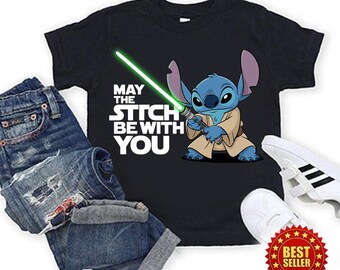 Custom May The Stitch Be With You Shirt, Personalized Sci-Fi Alien Lightsaber Tee, Funny Disney Cosplay Top, Cute Kids Birthday Outfit