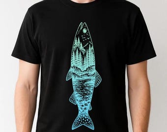 Camiseta con silueta de peces en la naturaleza, camiseta de pesca de montaña, camiseta para amantes de la pesca al aire libre, camiseta de pesca para aventuras en el lago.