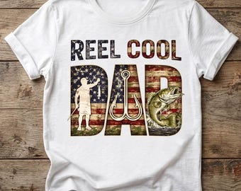 Camiseta de pesca Reel Cool Dad, camiseta de pesca con la bandera estadounidense, regalo patriótico para el Día del Padre, camiseta de pesca del 4 de julio, regalo para papá pescador de lubina con la bandera de EE. UU.