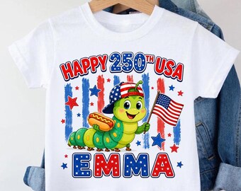 Custom Kids America 250th Anniversary Shirt Emma Personalized Name Tee Happy 250 USA Toddler Patriotic Birthday Firecracker Outfit