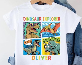Custom Dinosaur Explorer Shirt Oliver Personalized Name Tee Retro Comic Book Dino Kids Birthday Outfit Pop Art Toddler Graphic Gift